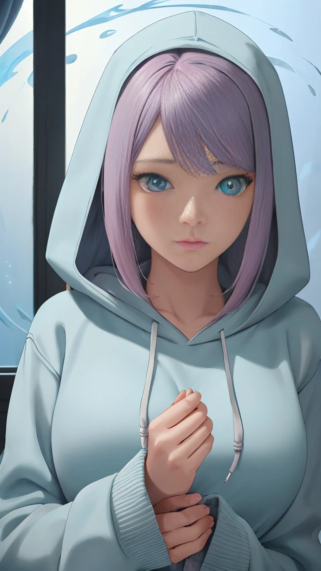 Anime-style illustration of a cute girl wearing an oversized hoodie, featuring blue pupils with a galaxy-like sparkle. The girl has multiple facial expressions, ranging from calm to playful, and her eyes reflect a sense of inner peace. Rendered in ultra-high resolution (8K) with refined, detailed line art. The fabric of her hoodie appears fluid and realistic, subtly swirling around her. The background complements the soft, tranquil vibe, evoking a serene anime aesthetic. Masterfully balanced colors and lighting enhance the high-quality digital art, creating a captivating, dreamlike atmosphere
