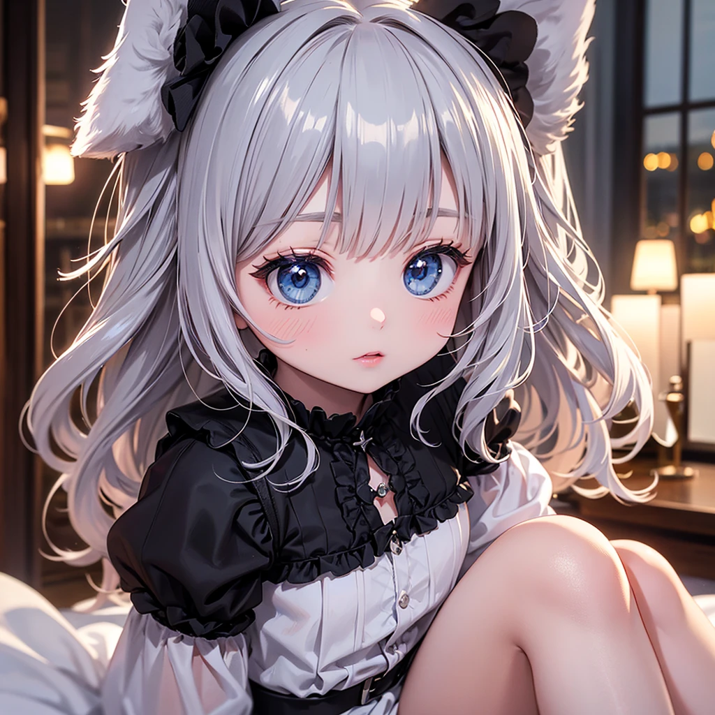 silver hair, dog ears, white dress,wavy hair,delicate features quiet gaze,beautiful half body illustration,beautiful backgraund,atmospheric lighting,sharp focus,cute face,reduce saturation,fine detailed face,small nose and mouth,volumetric top lighting,bold line painting, soft shadow,1girl,solo,female focus,small breasts,flat tits,Lolita,short height,skinny girl,blue eyes,open legs,animal ears,
