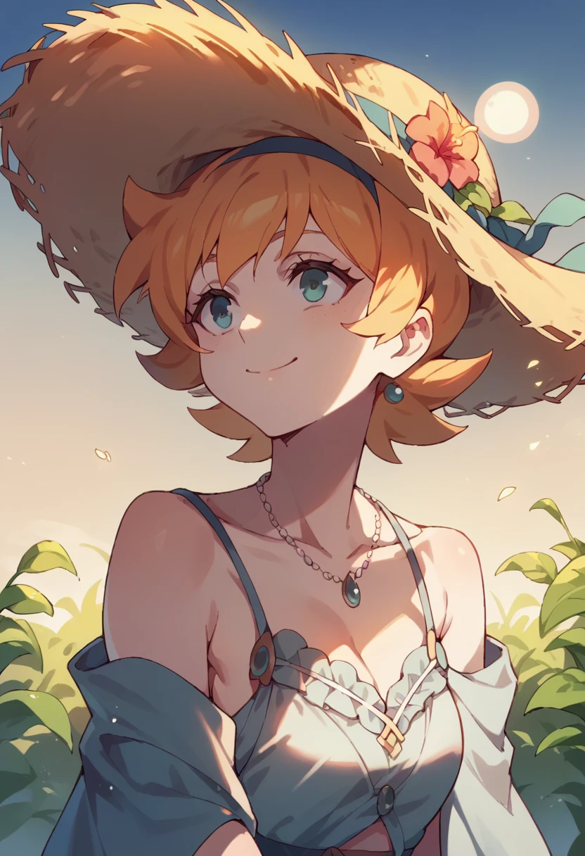  Lotte Jasson beautiful , with a beautiful dress,  and a beautiful straw hat, and a beautiful smile ,watching the moon, beautiful like her 