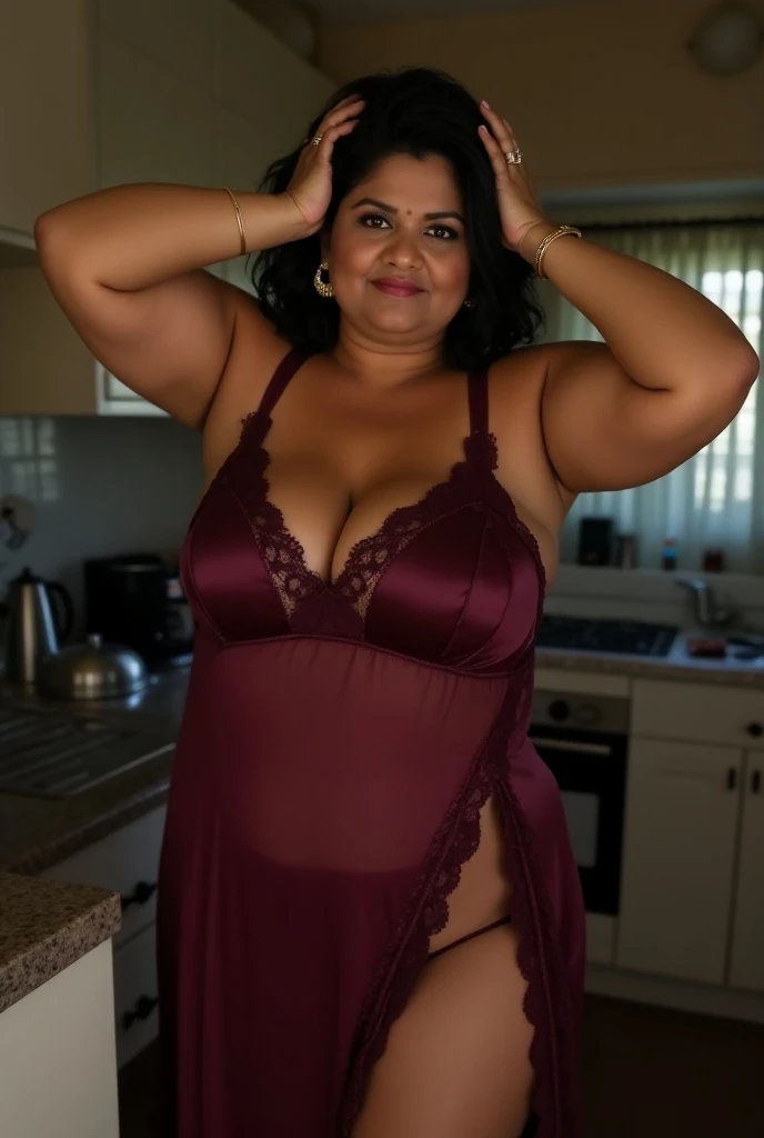 gordo, uma linda mulher indiana de 60 anos, maduro, (vestindo um lindo espartilho PRETO de cobertura total e detalhado), (usando uma calcinha de cintura alta), (calcinhas plus size), (plus size bra), Realista, Gordinho, rosto liso, Olhos perfeitos, symmetrical, 8K high definition, incrivelmente detalhado, intricado, elegante, arte de David Kostic e Stanley Lau e Artgerm, pele perfeita, (lindo atemporal, maduro, (Seios enormes:1.1), colares, pulseiras, (longos cabelos grisalhos), lar, sorridente, sexy, cozinha