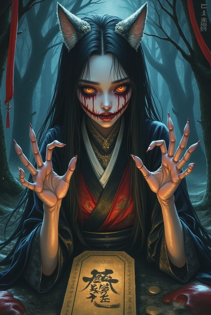 Art Illustration， colored pencil drawing  ： Chinese Mythology，Daji vixen，Banshee，Qing Dynasty，官direction服务，  Bad face , Bad eyes , Droopy eyes,  eyes are not clear ,  Ruby eyes,  Lemon yellow eyes ,  pale skin ,  Black eyeliner , Black eyeshadow,  Heterochromia,  Slim frame , sad, Ofda, zombie costume :1.2, direction, fear, coffin, forest, Night, stormy weather, FOG, From the front,  cowboy shooting,  Look at the viewer, Paw pose,