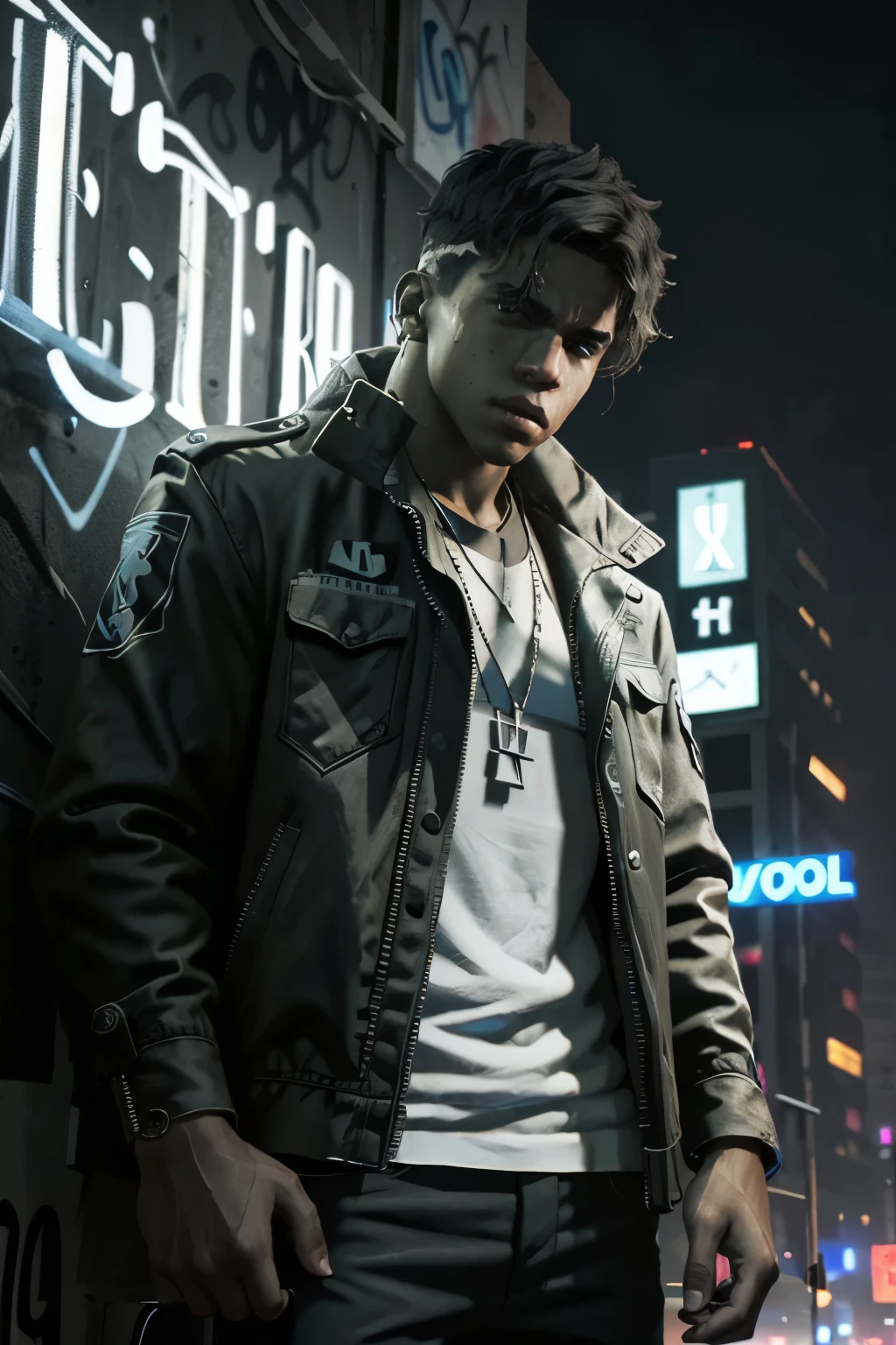 ((ultra detailed, masterpiece, best quality))
 MafiaLincoln, 1boy, solo, Under a neon-lit city sign, edgy streetwear ensemble, nighttime ambiance, leaning against a graffiti-covered wall with a cool and collected attitude