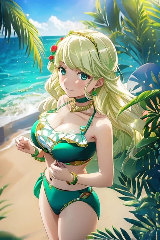 ((Best Quality)), ((masterpiece)), ( Details),  1 girl, Light blonde, Emerald Green_eye, smile, Sister, Right Hand _Red Rose,Hair ornament, chest,  swimsuit, bikini, Blushing, セクシーなマイクロbikini, Big Breasts, front, Too much exposure