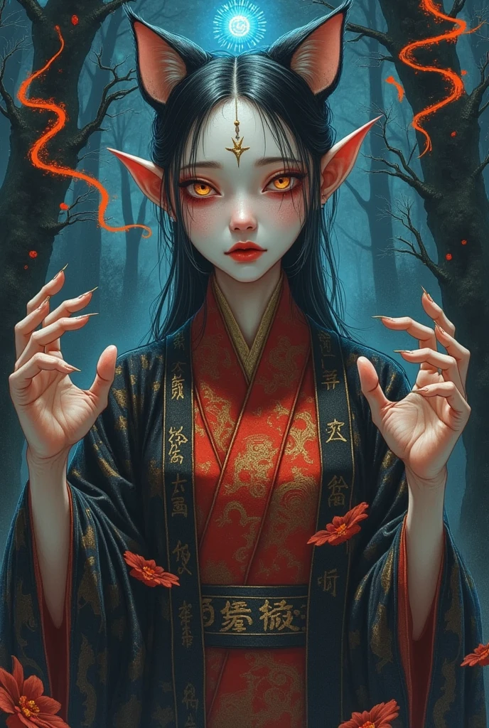 Art Illustration， colored pencil drawing  ： Chinese Mythology，Daji vixen，Banshee，Qing Dynasty，官direction服务， orange runes floating in the air ，  glowing blue symbol ，  Bad face , Bad eyes , Droopy eyes,  eyes are not clear ,  Ruby eyes,  Lemon yellow eyes ,  pale skin ,  Black eyeliner , Black eyeshadow,  Heterochromia,  Slim frame , sad, Ofda, zombie costume :1.2, direction, fear, coffin, forest, Night, stormy weather, FOG, From the front,  cowboy shooting,  Look at the viewer, Paw pose,