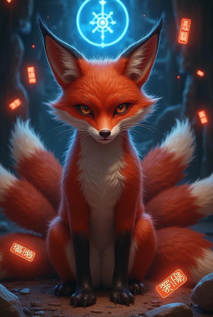 Beautiful fox demon，Chinese horror，Weird atmosphere， orange runes floating in the air ，  glowing blue symbol  ，