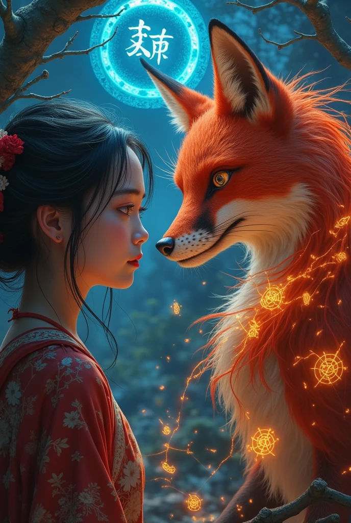 Girl and beautiful fox demon，Chinese horror，Weird atmosphere， orange runes floating in the air ，  glowing blue symbol  ，