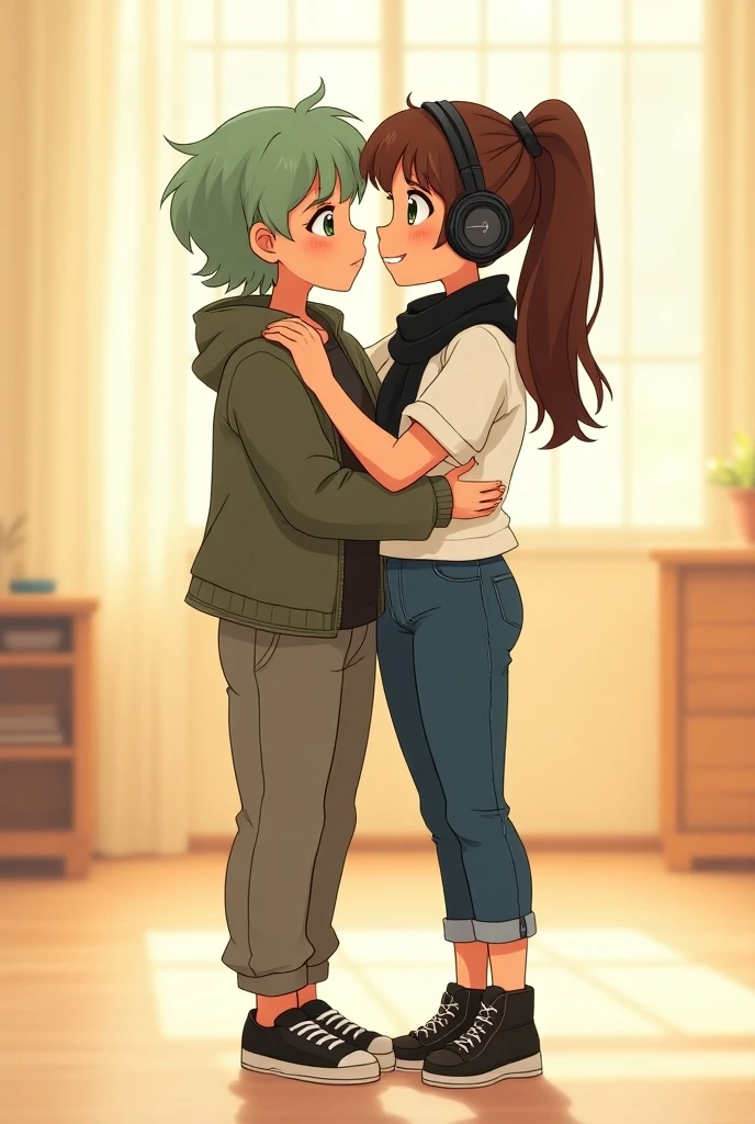 Make a cartoon style book cover about two girls kissing , A girl of 1, 55 muscular but not so much with green eyes and hair Tomboy with sweatpants and a jacket and a black sneaker, The other girl from 1 , 70 a pair of jeans white blouse with black scarf with brown eyes big and smooth hair basketball player and is wearing headphones,