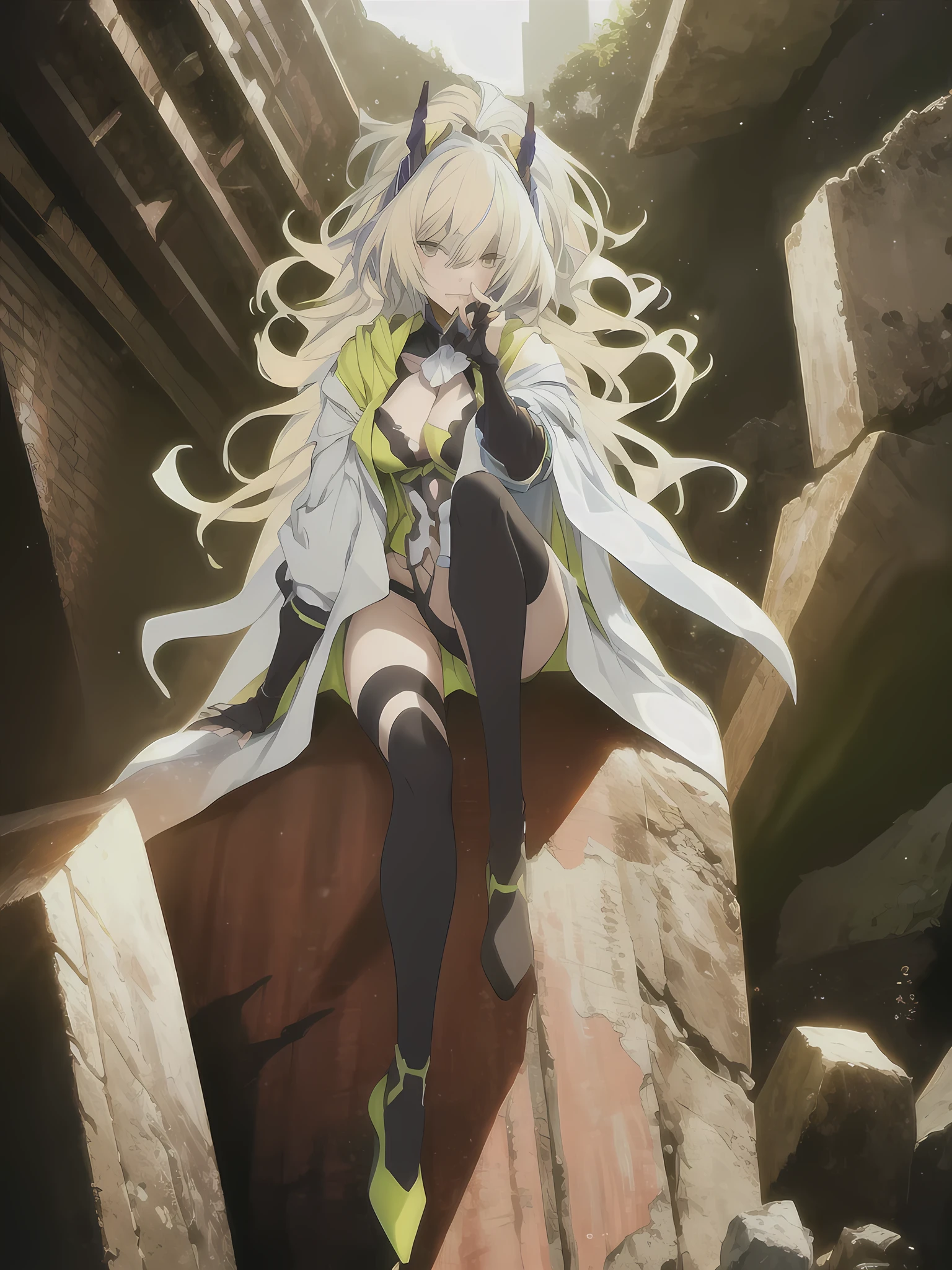 Alpha, 1girl, White skin, Long Blond Hair, Blue Eyes, Black Headgear, Black Half Finger Gloves, White Ribbon on the neck, Black Collar, Black Undergarment, White Cloak, Green Outer Jacket, Black Panty, Exposed Leg, Black Short Stocking, Black Heel Shoe, Embarrassing Gesture , Sitting, Split Leg , Sexy Pose, Sci-fi City, Research Lab, High Tech Facility, Wreck Old City, 2 legs  ,((Best quality)), ((masterpiece)), 3D, HDR (High Dynamic Range),Ray Tracing, NVIDIA RTX, Super-Resolution, Unreal 5,Subsurface scattering, PBR Texturing, Post-processing, Anisotropic Filtering, Depth-of-field, Maximum clarity and sharpness, Multi-layered textures, Albedo and Specular maps, Surface shading, Accurate simulation of light-material interaction, Perfect proportions, Octane Render, Two-tone lighting, Wide aperture, Low ISO, White balance, Rule of thirds,8K RAW, Aura, masterpiece, best quality, Mysterious expression, magical effects like sparkles or energy, flowing robes or enchanting attire, mechanic creatures or mystical background, rim lighting, side lighting, cinematic light, ultra high res, 8k uhd, film grain, best shadow, delicate, RAW, light particles, detailed skin texture, detailed cloth texture, beautiful face, (masterpiece), best quality, expressive eyes, perfect face,nikkeredhood,hair over one eye,marian,Scarlet (nikke),hellsparadise style,fuyumi,ludmilla,yellow eyes