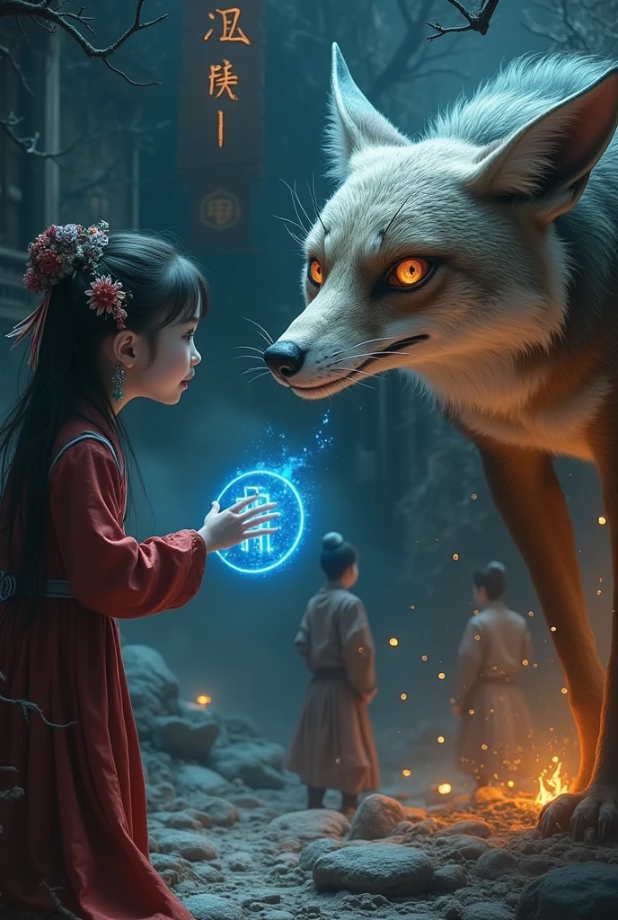 Girl and beautiful fox demon，Chinese horror，Weird atmosphere， orange runes floating in the air ，  glowing blue symbol  ，smoke