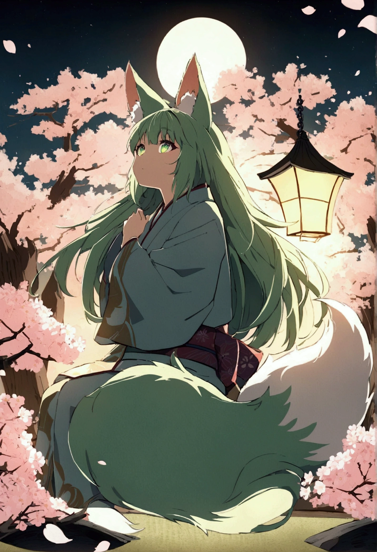 Fox Light green hair 　beast 　Indigo Fur　Fox beast 　Fox Light green hair 　beast 　Indigo Fur　Fox beast 　wallpaper 4k,8k, very detailed on playground equipment,,  vivid color style ,9つの尾を持つ詳細なFox, Traditional Japanese Artwork ,tatami,Beautiful cherry blossoms,Floating lanterns, Dark Silhouette of the Tower ,Faint moonlight,Dense forest,Mysterious atmosphere, spotted sunlight, Whimsical Spirit ,Quiet look, Exquisite Kimono and Belt , delicate hand-painted details , glowing eyes　 anime style　Fox　green　White-faced golden-haired nine-tailed Fox　Coat green　Fox Light green hair 　beast 　Indigo Fur　Fox beast 　 anime style　Fox　green　White-faced golden-haired nine-tailed Fox　Coat green　 mystical background　greenい炎　　have a ball of light　Fox Light green hair 　beast 　Indigo Fur　Fox beast 　 mystical background　greenい炎　　have a ball of light  anime style　Fox　green　White-faced golden-haired nine-tailed Fox　Coat green　　　 mystical background　greenい炎　　have a ball of light