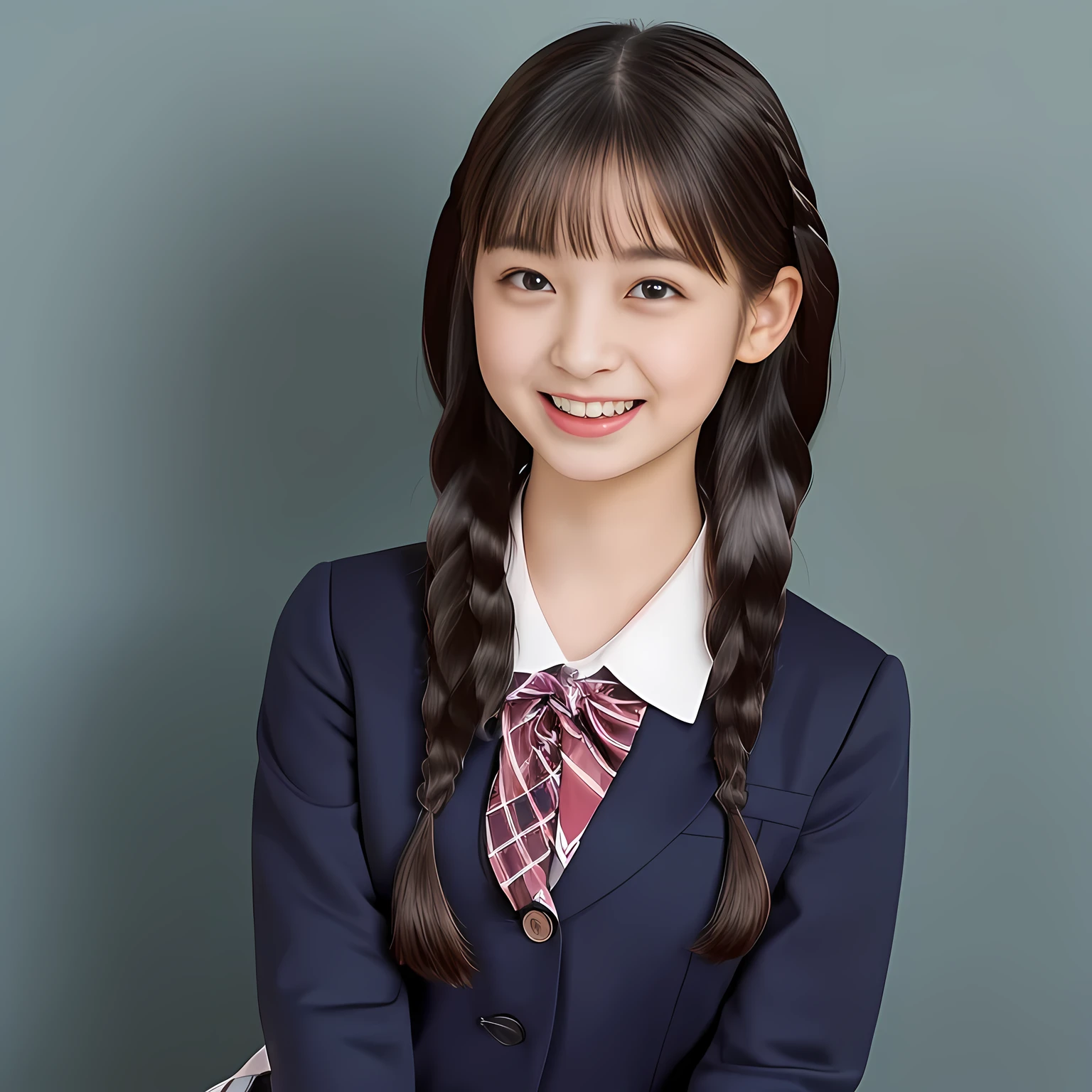 (Highest quality, masterpiece:1.2), Highest quality, High resolution, 1080P, 8k, (A noble, graceful and Japanese young long hair lady who have a best proportion are seated giggling at me with extreme beatitude, laughing and posing like a fashion model of Japanese uniform promotion, using face-whitening cosmetics: 1.5), (She is getting out of the picture: 1.6), (Well-balanced, Intelligent, drooping, double-eyelids, brown shiny large eyes with detailed make me feel her intelligence: 1.5), (Navy colored school blazer, blue-colored pleated school blue-and-dark-blue-and-cyan-tartan-checkered plaid-skirt: 1.5), ((Beautiful well-figured glossy lips)), (Plain blue school ribbon on the mature breast), (Girl whom everyone loves because of her beauty and beautiful eyes and lovely fashion and noble manner and magic-charm of succubus), (Very beautiful, glossy, cutely super-super-long black hair, neat tight twin braids: 1.3), (Drives me crazy for their neat blue-plaid-skirts and Make me fall into their skirts), (plain blue background: 1.6), (Best style like a 13yoashion model, mature breast), ((Completely balanced beautiful eyes)), ((Completely balanced beautiful eyes)), (eyes, face and hair are especially beautifully detailed and beautifully drawn: 1.5), (Satisfactory best shot by professional famous women's photographer: 1.5), The soft white light clearly shows her face white, (Very soft cheeks, very soft hands, People who touch it feel pleasure: 1.2), (Show me your cutest face!!: 1.5)