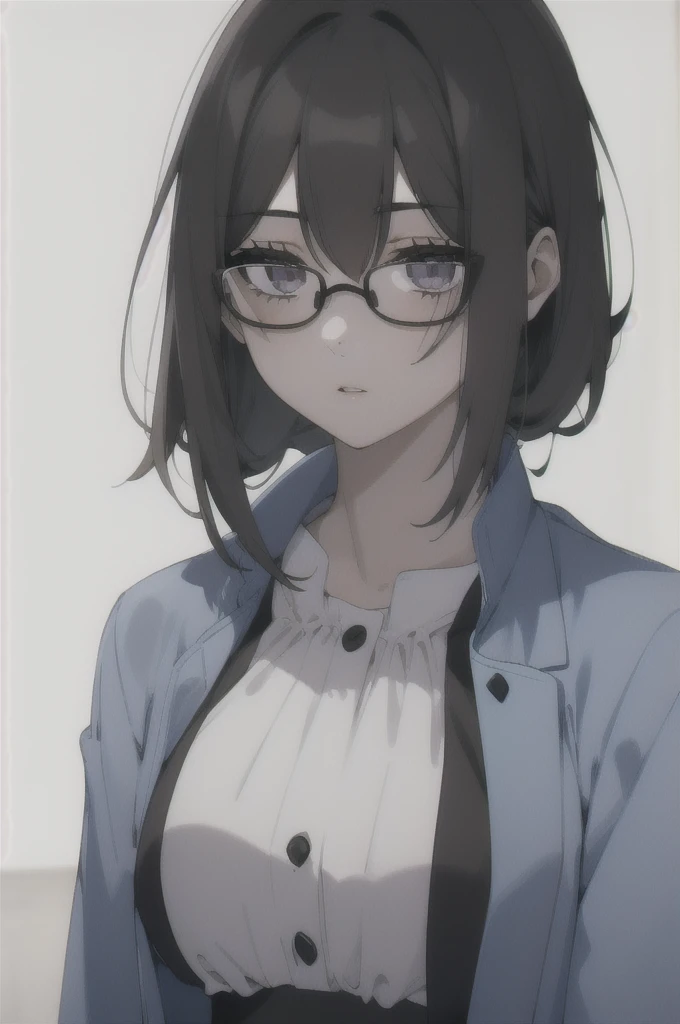 (22 year old girl),  short black hair with a fringe , glasses and a dot next to the eye ,  black and slanted eyes with a denim jacket and a purple blouse written Killer Queen