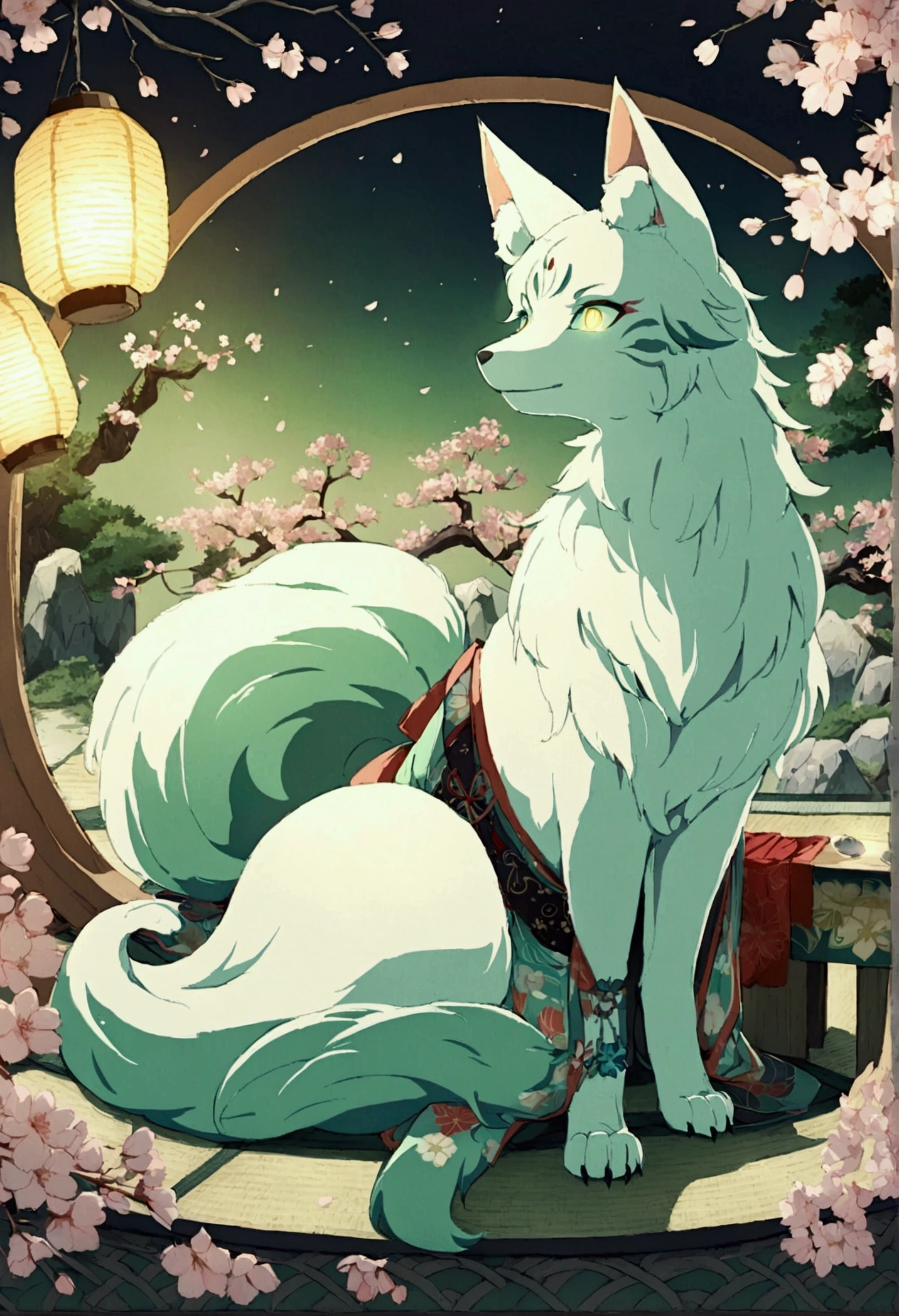 Fox Light green hair 　beast 　Indigo Fur　Fox beast 　Fox Light green hair 　beast 　Indigo Fur　Fox beast 　wallpaper 4k,8k, very detailed on playground equipment,,  vivid color style ,9つの尾を持つ詳細なFox, Traditional Japanese Artwork ,tatami,Beautiful cherry blossoms,Floating lanterns, Dark Silhouette of the Tower ,Faint moonlight,Dense forest,Mysterious atmosphere, spotted sunlight, Whimsical Spirit ,Quiet look, Exquisite Kimono and Belt , delicate hand-painted details , glowing eyes　 anime style　Fox　green　White-faced golden-haired nine-tailed Fox　Coat green　Fox Light green hair 　beast 　Indigo Fur　Fox beast 　 anime style　Fox　green　White-faced golden-haired nine-tailed Fox　Coat green　 mystical background　greenい炎　　have a ball of light　Fox Light green hair 　beast 　Indigo Fur　Fox beast 　 mystical background　greenい炎　　have a ball of light  anime style　Fox　green　White-faced golden-haired nine-tailed Fox　Coat green　　　 mystical background　greenい炎　　have a ball of light