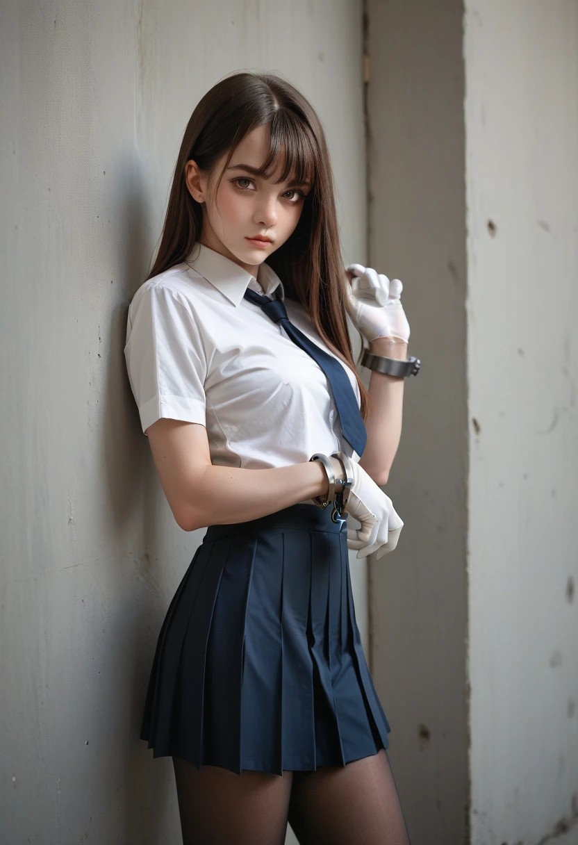 female student， White Long Gloves ，Pleated Skirt， Black Pantyhose ，Wear wide handcuffs on both hands