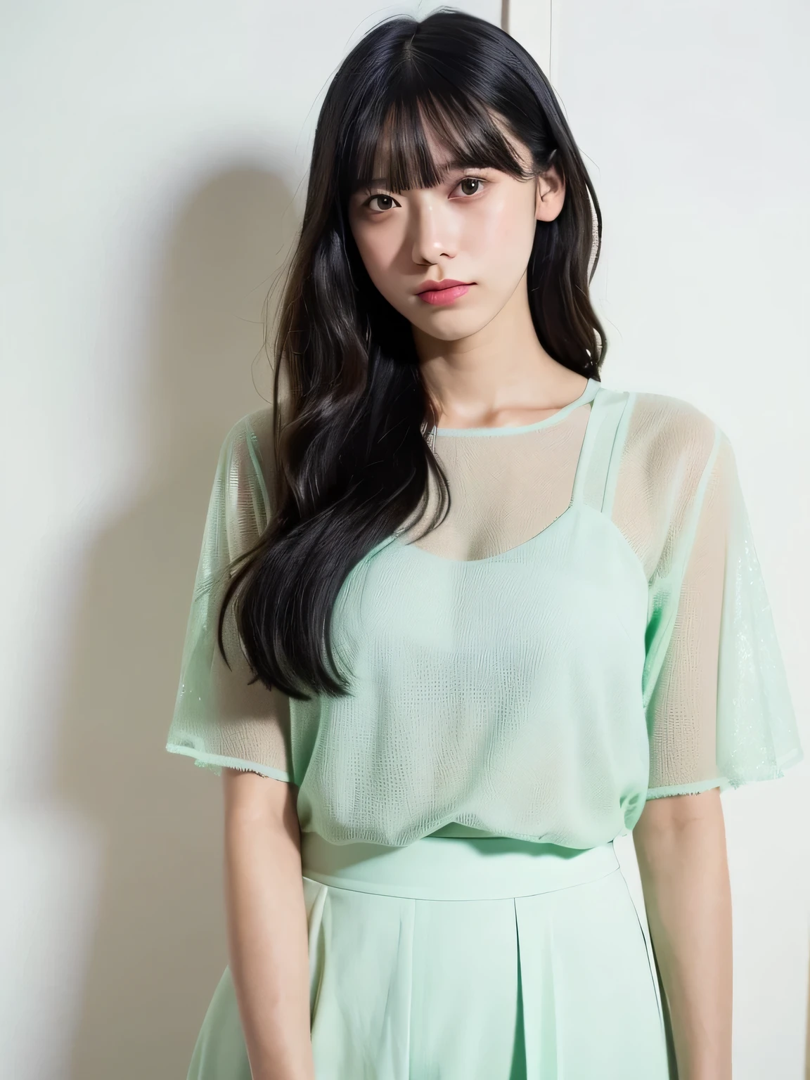 See-through tops、(、Part of her clothes is Mint green:1.4)、white wall、Taken in front of the white door、((highest quality、8k、masterpiece:1.3))、ultra high resolution、(photorealistic:1.4)、raw photos、Japanese,(details face)、real、Shot in natural light、Highly detailed face and skin texture、highly detailed lips、correct state of the human body、medium hair、black hair、various poses、Natural Color Lip, on traffic city