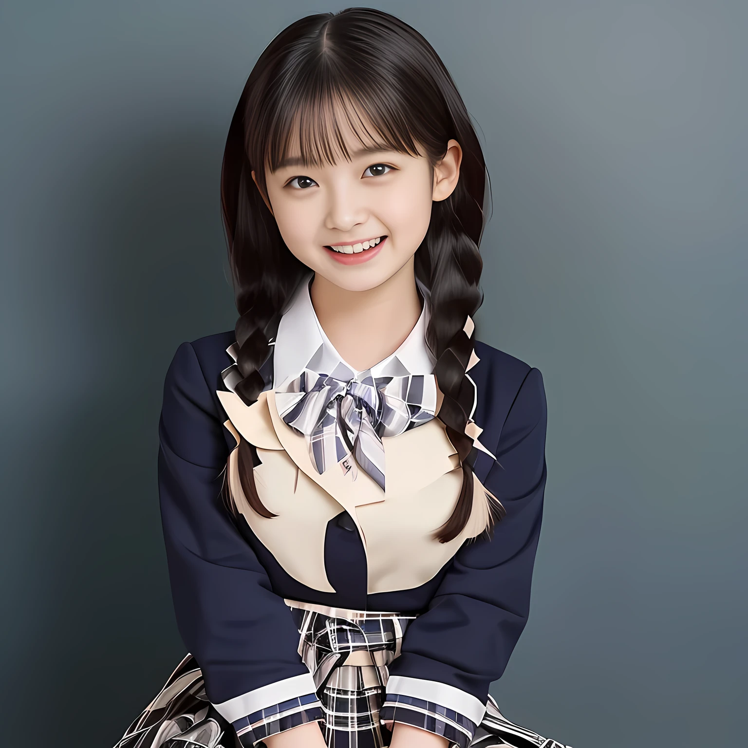 (Highest quality, masterpiece:1.2), Highest quality, High resolution, 1080P, 8k, (A noble, graceful and Japanese young long hair lady who have a best proportion are seated giggling at me with extreme beatitude, laughing and posing like a fashion model of Japanese uniform promotion, using face-whitening cosmetics: 1.5), (She is getting out of the picture: 1.6), (Well-balanced, Intelligent, drooping, double-eyelids, brown shiny large eyes with detailed make me feel her intelligence: 1.5), (Navy colored school blazer, blue-colored pleated school blue-and-dark-blue-and-cyan-tartan-checkered plaid-skirt: 1.5), ((Beautiful well-figured glossy lips)), (Plain blue school ribbon on the mature breast), (Girl whom everyone loves because of her beauty and beautiful eyes and lovely fashion and noble manner and magic-charm of succubus), (Very beautiful, glossy, cutely super-super-long black hair, neat tight twin braids: 1.3), (Drives me crazy for their neat blue-plaid-skirts and Make me fall into their skirts), (plain blue background: 1.6), (Best style like a 13yoashion model, mature breast), ((Completely balanced beautiful eyes)), ((Completely balanced beautiful eyes)), (eyes, face and hair are especially beautifully detailed and beautifully drawn: 1.5), (Satisfactory best shot by professional famous women's photographer: 1.5), The soft white light clearly shows her face white, (Very soft cheeks, very soft hands, People who touch it feel eternal pleasure: 1.2), (Show me your cutest face!!: 1.5)