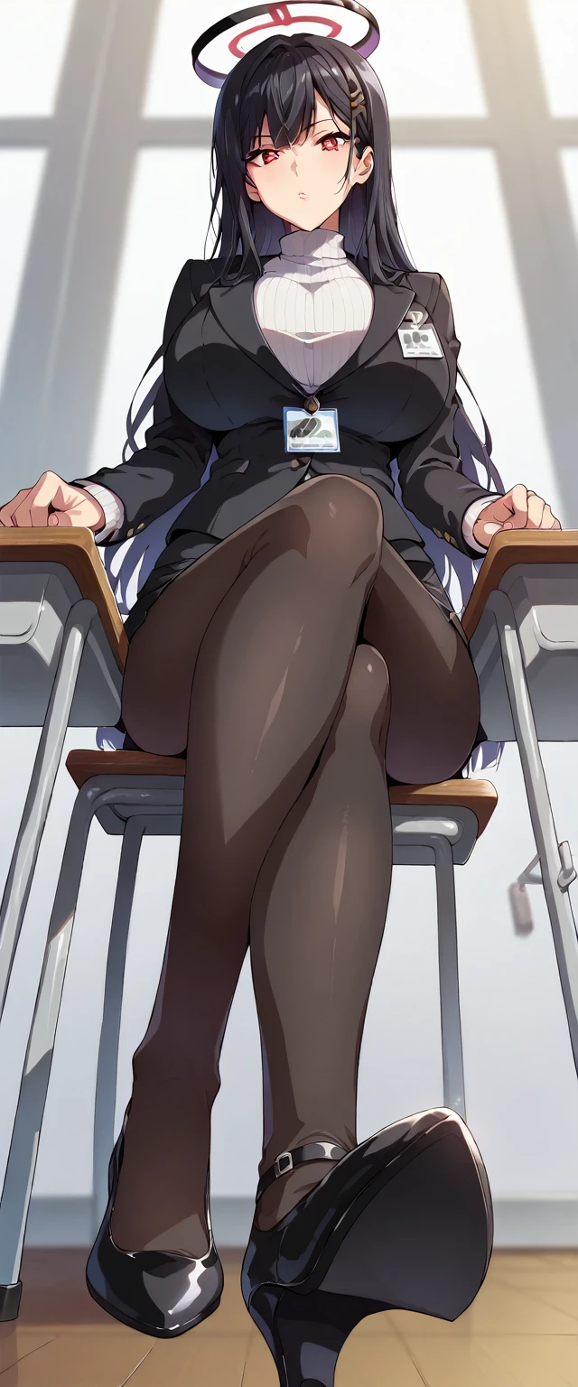 score_9,score_8_up,score_7_up,best quality,detailed beautiful face and eyes,anime screencap, takeda hiromitsu,RioBase, black hair, red eyes, ringed eyes, white pupils, hairclip, halo, black jacket, white turtleneck sweater, id card, black skirt, black pantyhose, thigh holster, high-heeled shoes, heel of shoe, huge breast, sitting desk, cross leg, looking at viewer, low angle