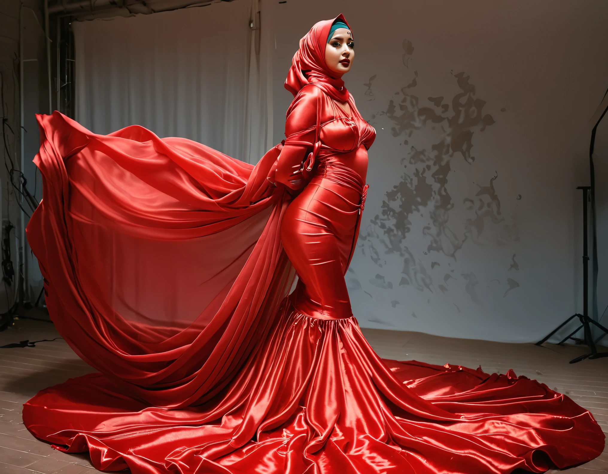 A woman shrouded in a 10-meter-long, plush red semi transparent satin shimmer cloth, slim body with big breast, tightly bound and grandly draping along the form of her body, flowing off into a pooled floor-length train, styled in a mermaid-inspired outfit, her head modestly veiled in a satin hijab, tall woman, strugle to move, standing in photo studio, a full-body pose conveying a sense of mysterious elegance, captured in a 4k resolution, ultra-realistic