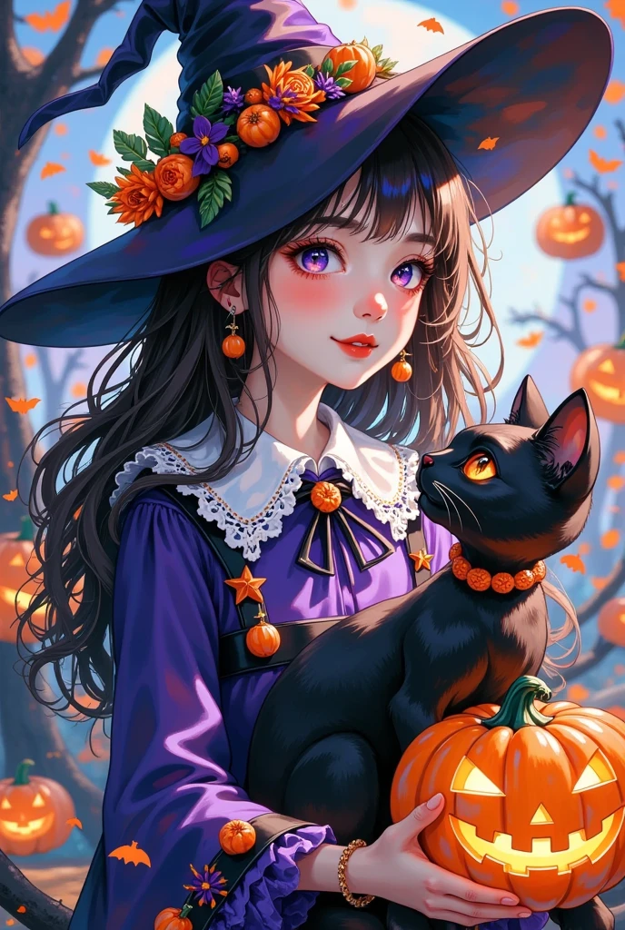 (masterpiece,    are the best quality :1.2), 1 girl and black cat,  Unique，Halloween