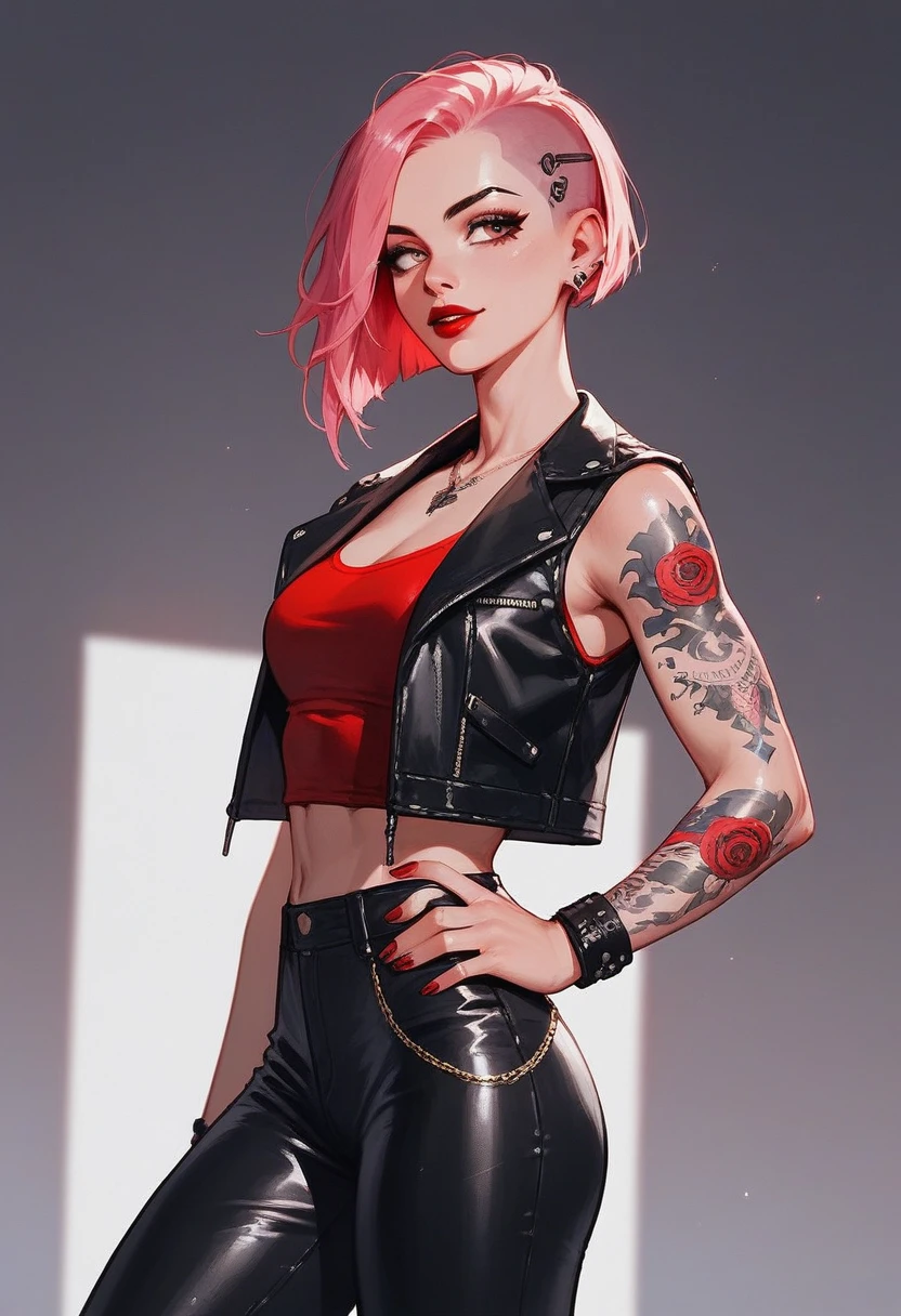  girl,leather vest ,Leather pants,Tattoo,Red lipstick,Side cut hair,Pink Hair