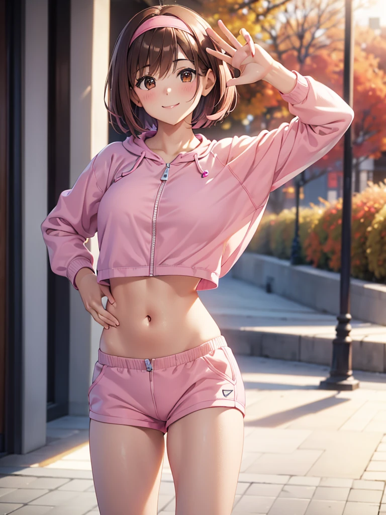 4K,cute, Brown Eyes ,Brown Hair,20-year-old woman,solo,Five beautiful fingers,Pink sports bra,Pink shorts,Pink hair band,smile,B Cup, short haired , looking at the camera ,Blurred Background,Autumn park,Wear a zip-up hoodie,