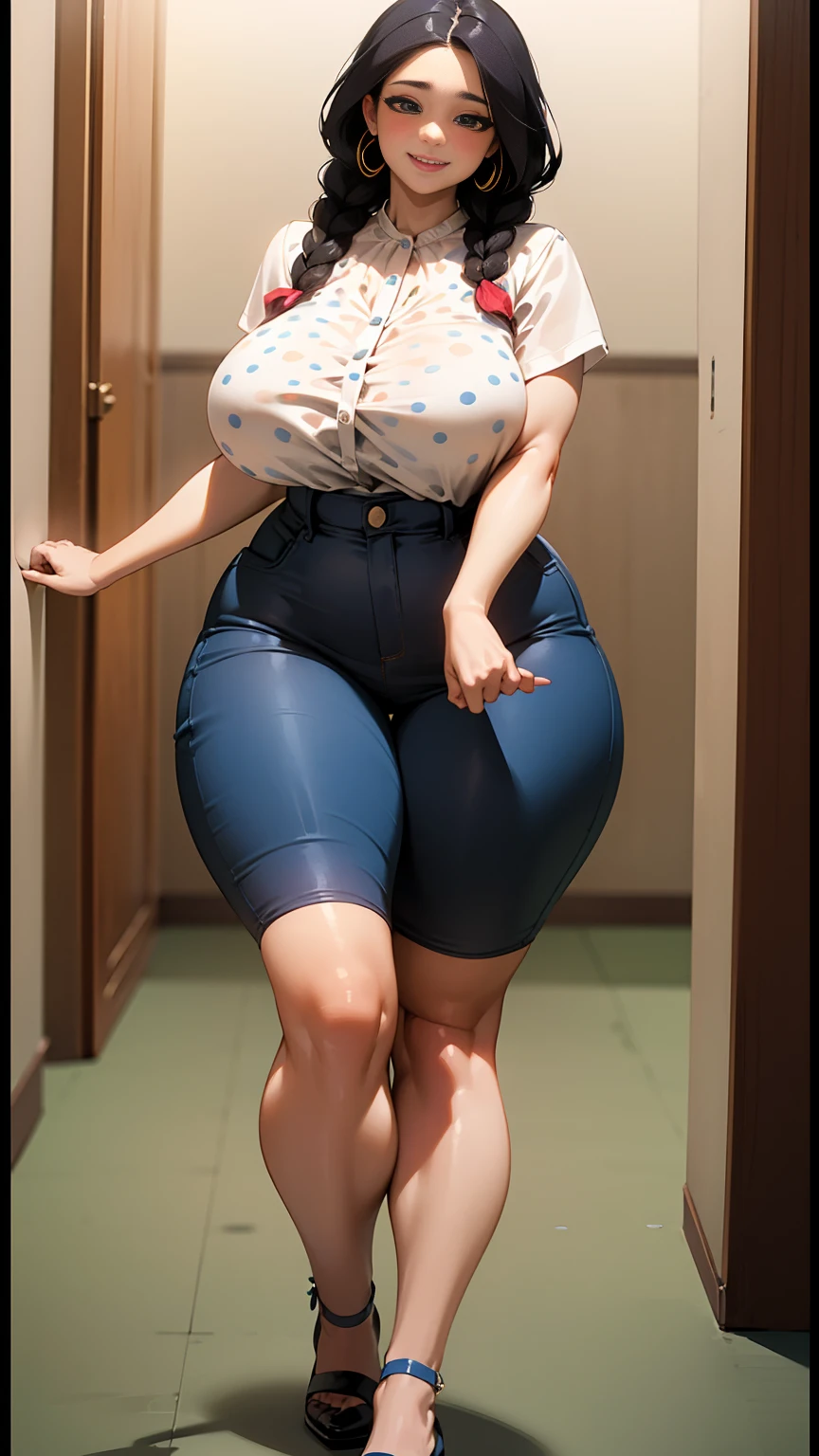 HD wallpaper 32k cinematic shoot of a Beautiful cute girl, with thick thighs and a curvy waist, twin braids,  wearing an Indian blouse top, horny, seductively, in a school corridor, dotted blouse top, smiling, ((long curvy waist)), ((lowwaist)), ((curvy waist))