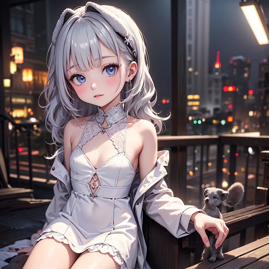 silver hair, dog ears, white dress,wavy hair,delicate features quiet gaze,beautiful half body illustration,beautiful backgraund,atmospheric lighting,sharp focus,cute face,reduce saturation,fine detailed face,small nose and mouth,volumetric top lighting,bold line painting, soft shadow,solo,small breasts,flat tits,Lolita,short height,skinny girl,blue eyes,open legs,animal ears,
