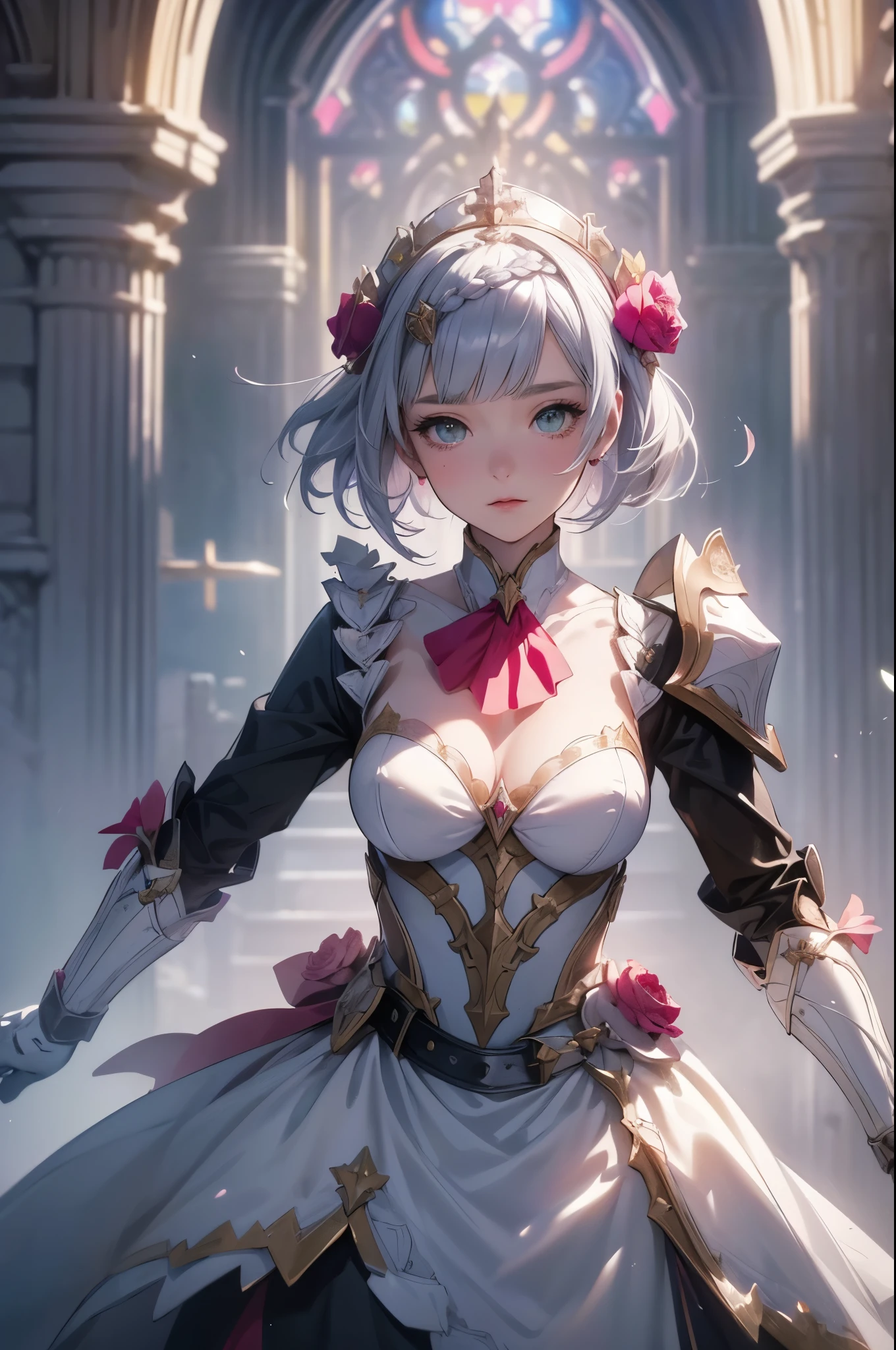 [noelledef]:1.5,((masterpiece,highest quality,Detailed images,Beautiful images))1.4(noelle images、Bob Hair、Equip the Bastard Sword、church、Flower Field、The wind is blowing、Bright lighting overall、Backlight、A fantastic atmosphere、Thick Fog)1.1(Beautiful body lines)

