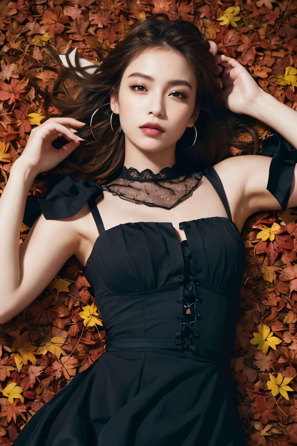  1 girl, ( She's wearing a gothic black dress :1.2), ( gothic makeup ),  A very beautiful portrait of a Japanese singer , (RAW Photo Best Quality), (Realistic, Realistic:1.4), (masterpiece), 
 very detailed , 2k wallpaper, wonderful, finely,  very detailed ,  CG Unity 8k Wallpaper ,  very detailed ,  Kampala, Soft light, 
 A beautiful girl carefully drawn in every detail ,  very detailed な目と顔, A beautiful and elegant nose,  beautiful beautiful eyes,  movie lighting , 
(She is lying on a spread of red, fallen maple leaves:1.3), (Maple leaves are scattered on top of her), ( A vivid screen with intense contrasts ),
( medium hair), (Disheveled hair spreading on the ground :1.2), 
 perfect anatomy, Slender body, Small breasts, Thin legs