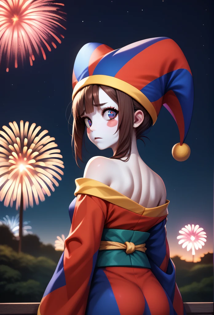 score_9, score_8_up, score_7_up, score_6_up, BREAK from behind,kimono,off shoulder,bare shoulderr,night sky,fireworks,looking at viewer,pomni, colored skin, blush stickers, jester cap 