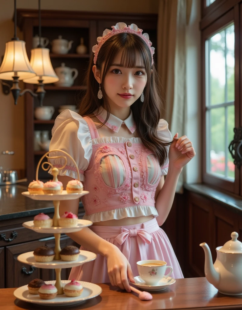 (masterpiece, highest quality:1.2), One girl, woman, 23 years old、 cute、(cuteメイド服を着ている), (Pink gingham check maid outfit:1.5)) Idol Style、smile、(おしゃれでcute喫茶店内:1.4)、whole body、(He brought me a tray of chocolate mint juice..;1.4)、summer、hot、White underwear