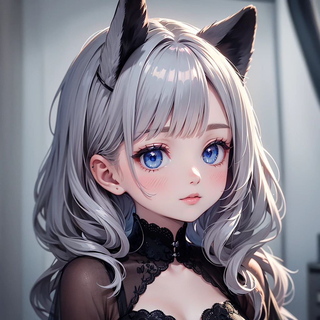 silver hair, dog ears, white dress,wavy hair,delicate features quiet gaze,beautiful half body illustration,beautiful backgraund,atmospheric lighting,sharp focus,cute face,reduce saturation,fine detailed face,small nose and mouth,volumetric top lighting,bold line painting, soft shadow,solo,small breasts,flat tits,Lolita,short height,skinny girl,blue eyes,animal ears,
