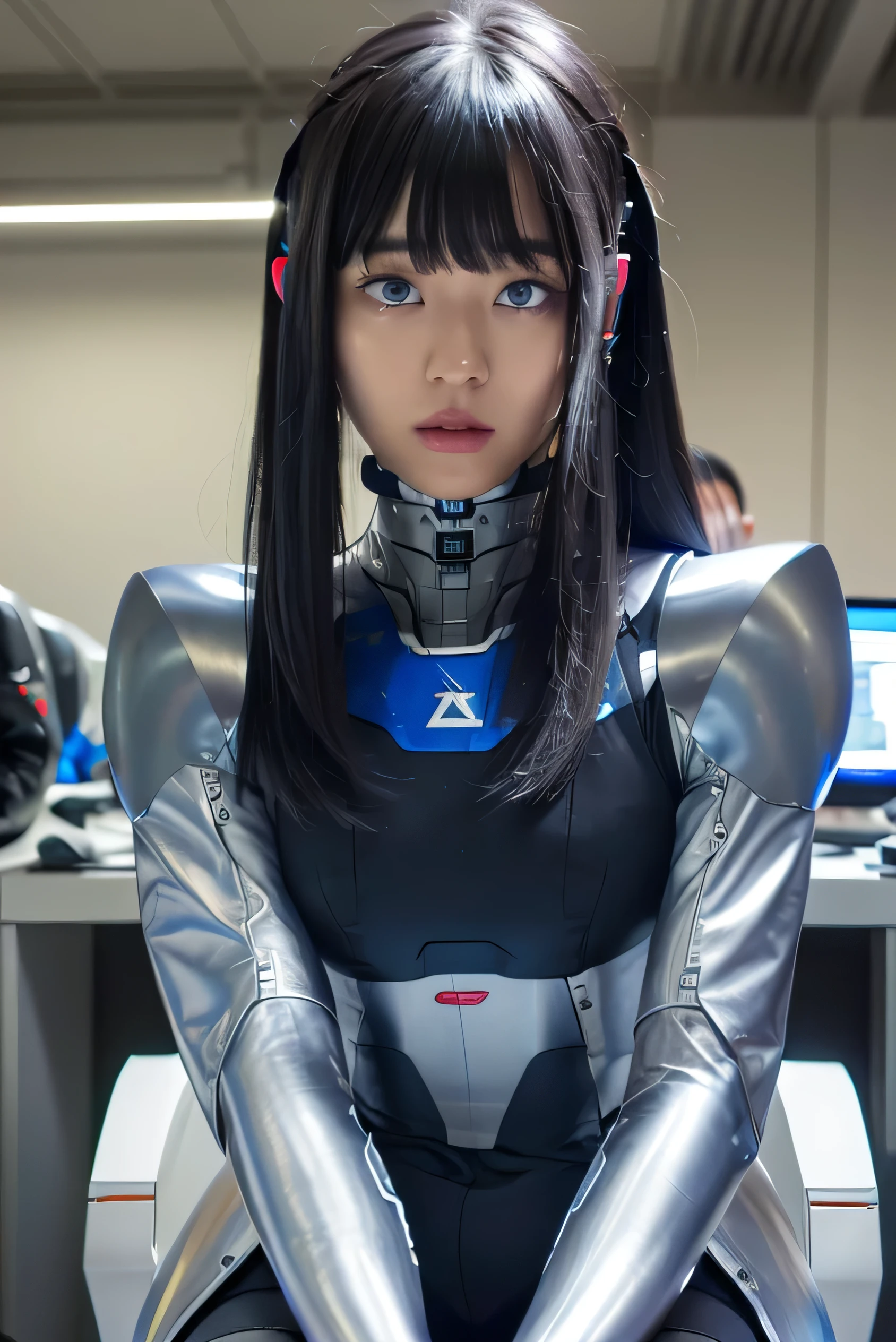 masterpiece, best quality, extremely detailed, (photorealistic:1.4), (RAW photo) (RAW photo) (8K, 4K, Best Quality, hight resolution, 超A high resolution:1.1), (masutepiece, Realistic, Photorealsitic:1.1), 1girl in, Japaese Cyborg girl,Plump , control panels,android,Droid,Mechanical Hand, Robot arms and legs, Black Robot Parts,Black hair,Mechanical body,Blunt bangs,White robotics parts,perfect robot girl,future information counter,reception,long tube,thick cable connected her neck,ceramic body ,mechanical body, ear antenna,mechanical ear cover, loose boots,mechanical costume,android,robot,humanoid,cyborg,information office,japanese android receptionist ,mechanical chest,blue eyes,dark black tights