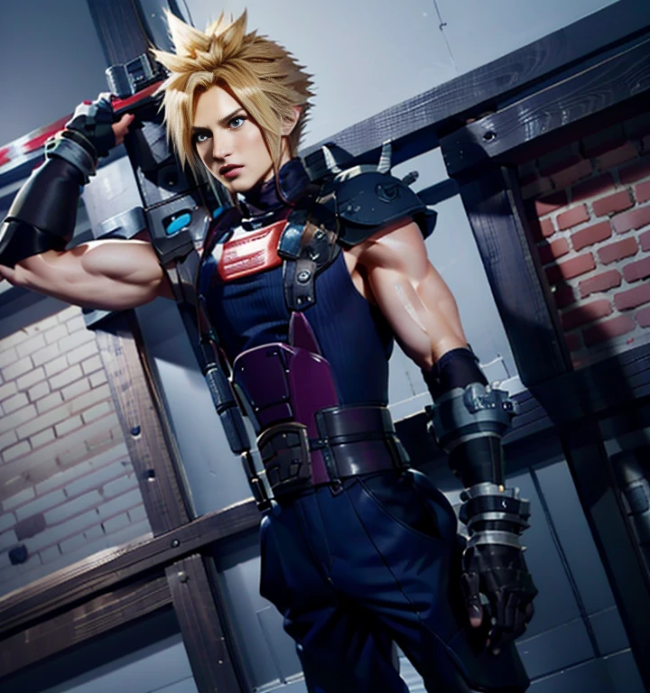 (High-definition CG), (  best quality  ), (High-definition CG), (  best quality  ), (Cloud Strife), (Overall view)  Huagai with a cool and handsome face  ,Sentai Hero Suit,  Beauty, 18 years old,   toned and muscular ,  With a cool and handsome face , Sharp Eye, Large breasts,