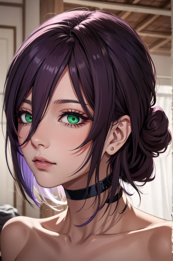 (masterpiece, best quality), intricate details,
 1girl, Reze,green eyes, choker, hair between eyes, multicolor hair, purple hair, black hair, hair bun, short hair, nude