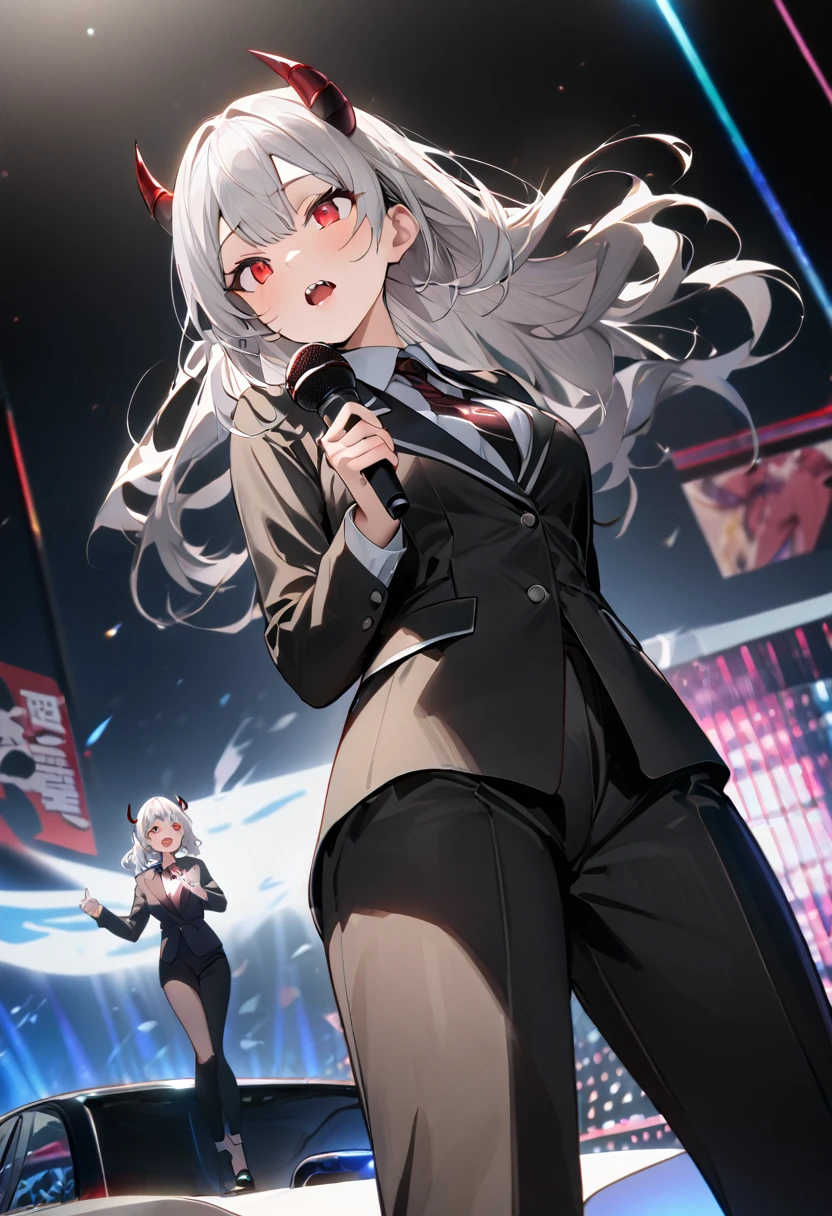 大きい車の上に立つ女性、Silver Hair、 2 horns、Red eyes、 with a symmetrical face 、Double teeth、 opens her mouth、Wave、suit、Woman standing on a large car 、Hold the microphone、 angle from below、Best Quality、High image quality、masterpiece,( low angle）