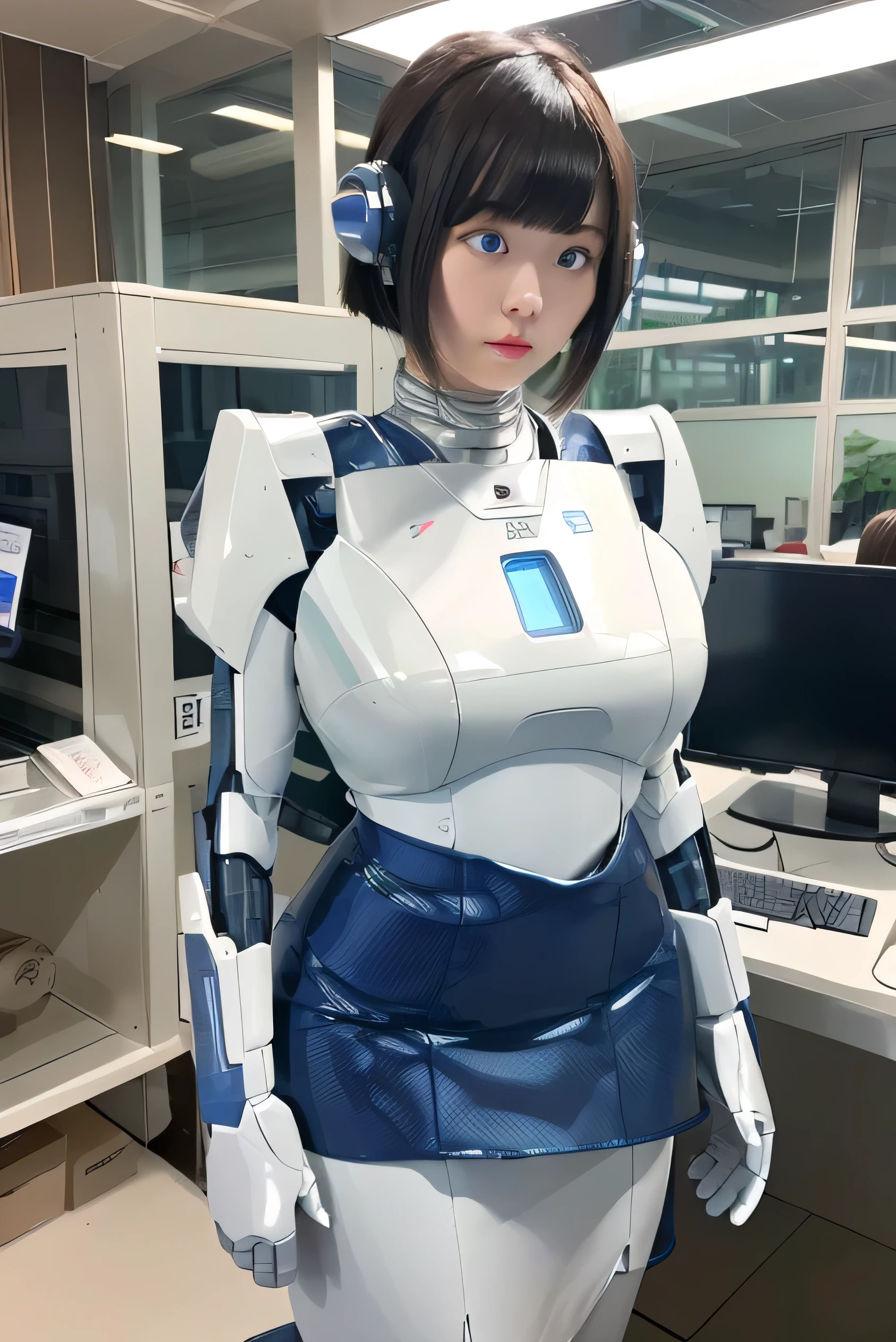 masterpiece, best quality, extremely detailed, Japanese android girl,Plump ,control panels,robot arms,robot,android,cyborg,white robot body,ceramic body,perfect robot girl,blunt bangs,robot repair plant,chubby,skirt,blue eyes,office-lady