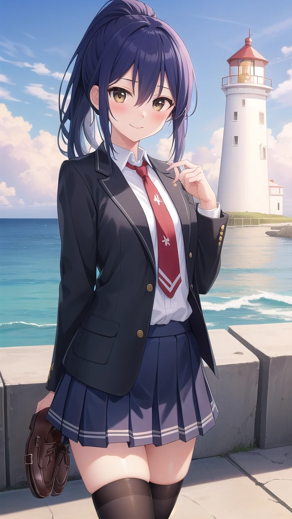 ((masterpiece)),(best quality),official art,extremely detailed CG,unity 8k wallpaper,ultra detailed,A lighthouse on a cliff by the sea,1girl,solo,cowboy shot,looking at viewer,takamiya mana,blue hair,blush,hair between eyes,high ponytail,very long hair,smile,brown eyes,pleated skirt,black jacket,white shirt,red necktie,school uniform,blue skirt,loafers,zettai ryouiki,black socks,