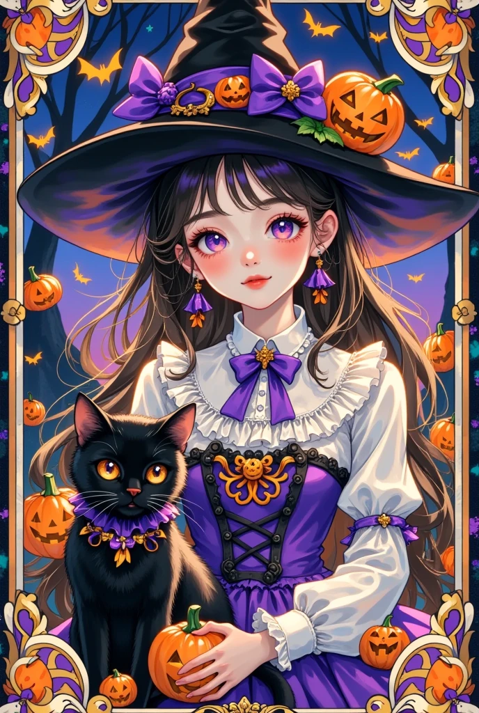 (masterpiece,    are the best quality :1.2), 1 girl and black cat,  Unique，Halloween， border decoration 