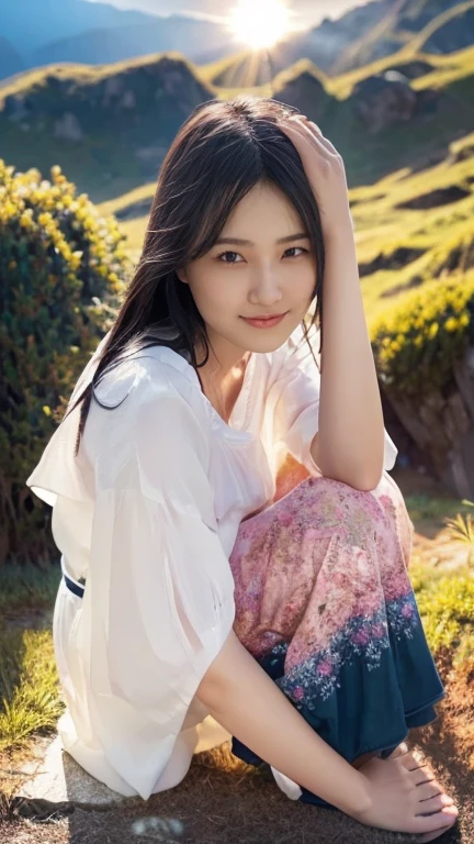  1 girl, Happy expression,  Charming eyes , Long straight hair,  Flowing Skirt , big, Gazing at the Sun,  Calm Posture ,   porcelain-like skin , A faint blush,   Crystal Pendant , ( edge lighting ): 1.2, Cool colors, Solar flare, Soft Shadows,  bright color, Paint Effects, Great atmosphere BREAK Scenic spot,  Distant Mountain , pine tree, Summit,  reflections , Sunlit clouds,  quiet atmosphere, Idyllic sunrise, Super detailed, Official Art,  Unified 8k Wallpaper , Tangled, Mandala