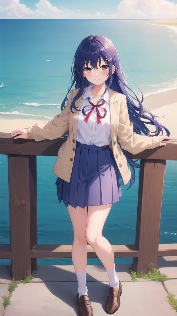 ((masterpiece)),(best quality),official art,extremely detailed CG,unity 8k wallpaper,ultra detailed,A lighthouse on a cliff by the sea,1girl,solo,cowboy shot,itsuka shiori,school uniform,blue hair,long hair,smile,hair ornament,blue skirt,brown eyes,beige cardigan,pleated skirt,hairclip,blush,white shirt,red ribbon,white socks,loafers,