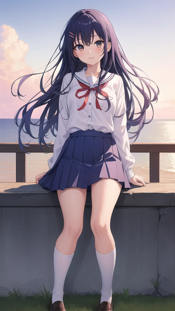 ((masterpiece)),(best quality),official art,extremely detailed CG,unity 8k wallpaper,ultra detailed,A lighthouse on a cliff by the sea,1girl,solo,cowboy shot,itsuka shiori,school uniform,blue hair,long hair,smile,hair ornament,blue skirt,brown eyes,beige cardigan,pleated skirt,hairclip,blush,white shirt,red ribbon,white socks,loafers,