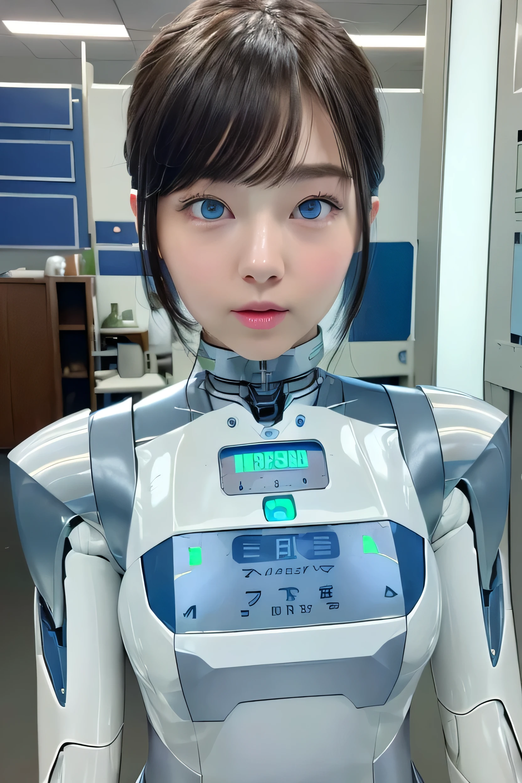 masterpiece, Best Quality, Very detailed, Japanese Android girl,Plump,Chubby,Control Panel,robot arms,robot,Android,cyborg,white robot body,Ceramic body,perfect robot girl,Short bangs,robot repair plant,Chubby,blue eyes,Office Lady