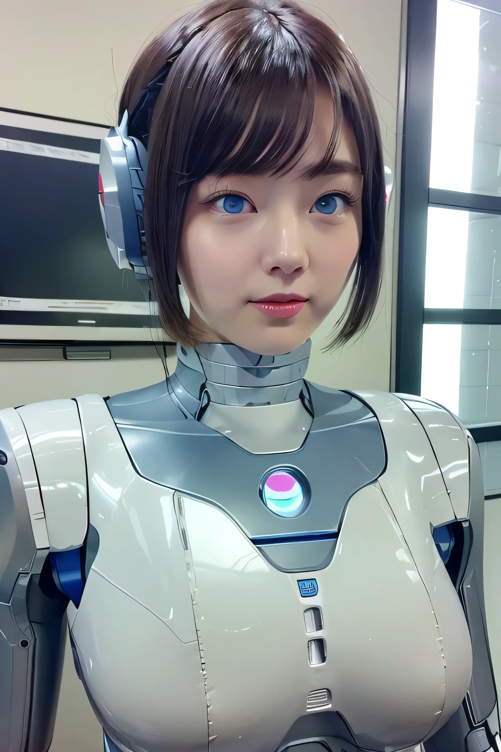 masterpiece, Best Quality, Very detailed, Japanese Android girl,Plump,Chubby,Control Panel,robot arms,robot,Android,cyborg,white robot body,Ceramic body,perfect robot girl,Short bangs,robot repair plant,Chubby,blue eyes,Office Lady