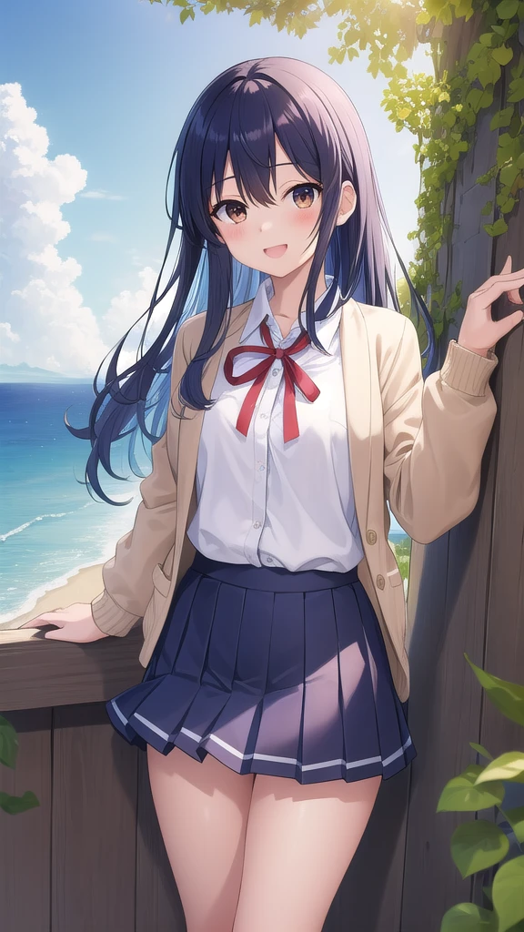 ((masterpiece)),(best quality),official art,extremely detailed CG,unity 8k wallpaper,ultra detailed,A lighthouse on a cliff by the sea,1girl,solo,cowboy shot,itsuka shiori,school uniform,blue hair,long hair,smile,hair ornament,blue skirt,brown eyes,beige cardigan,pleated skirt,hairclip,blush,white shirt,red ribbon,white socks,loafers,