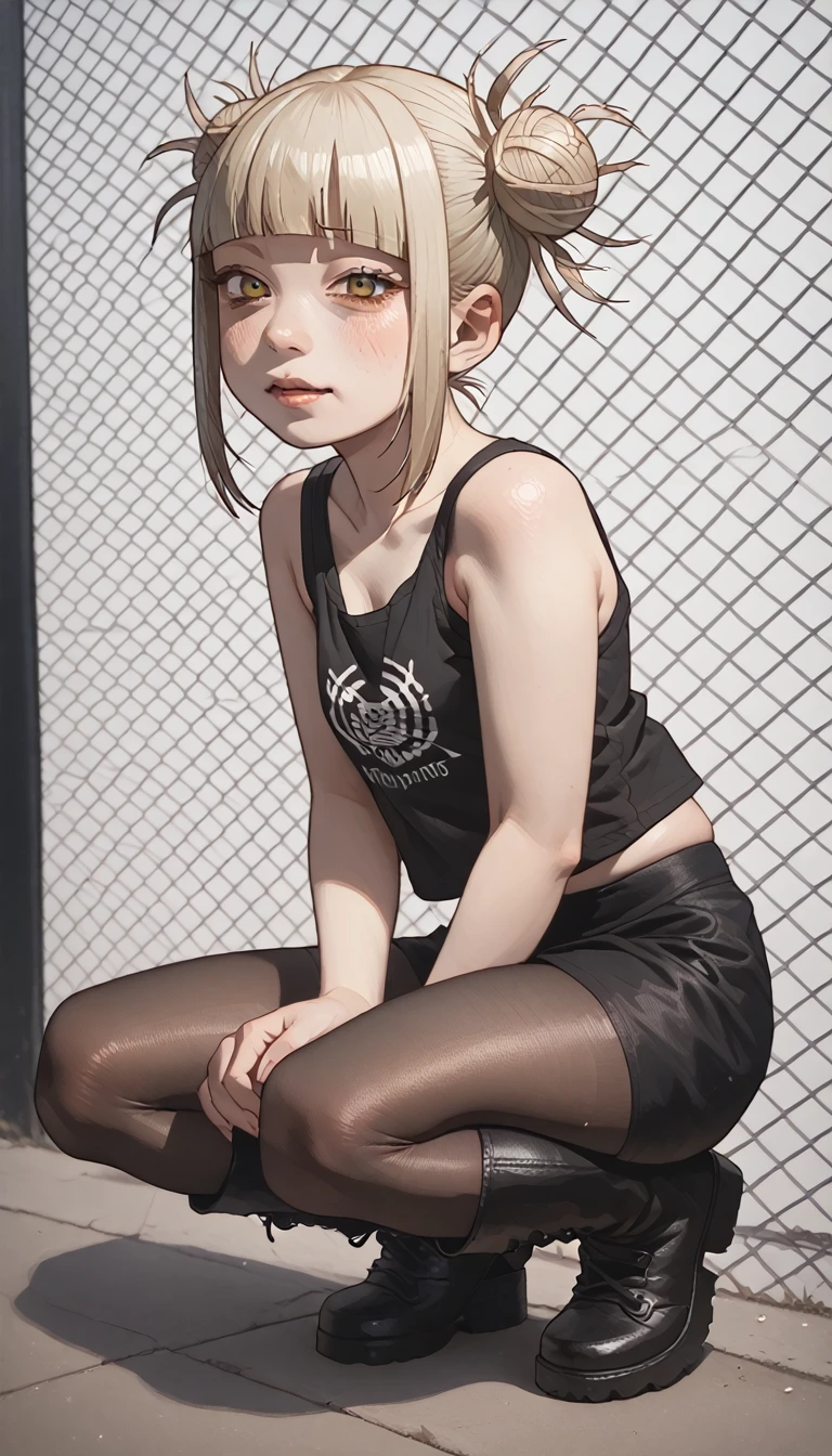  Himiko Toga doing a kawai pose,  black mesh tights, black boots, black tank top 