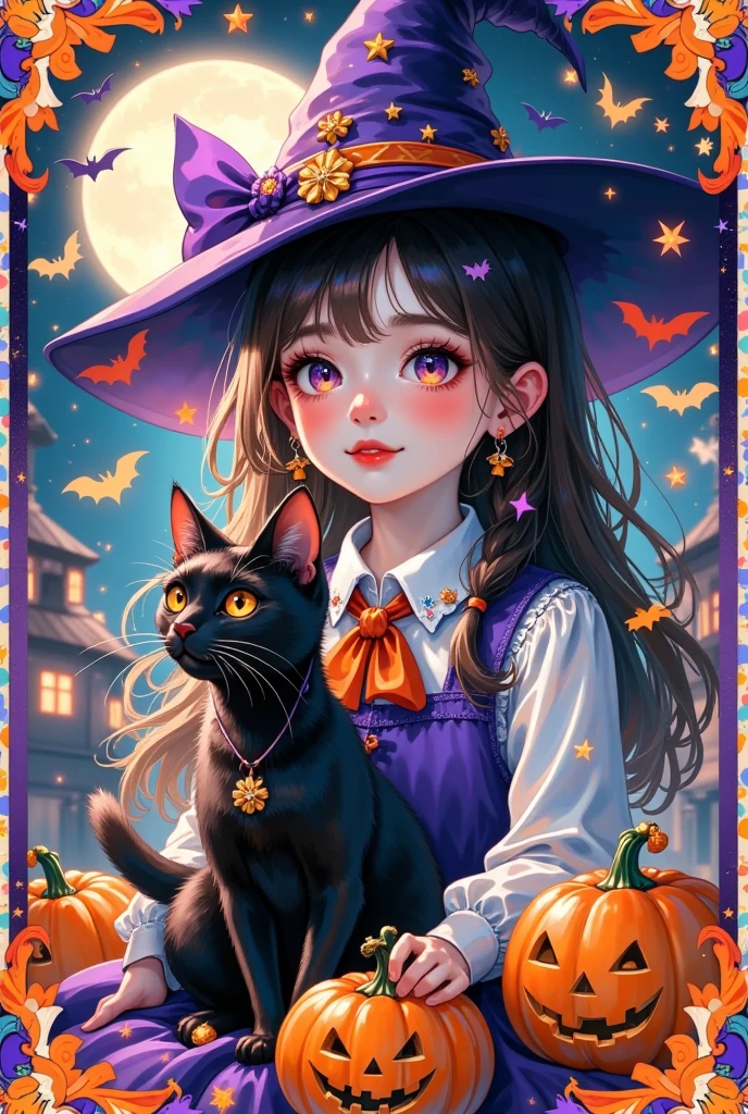 (masterpiece,    are the best quality :1.2), 1 girl and black cat,  Unique，Halloween， border decoration ，HD，Sharpen，