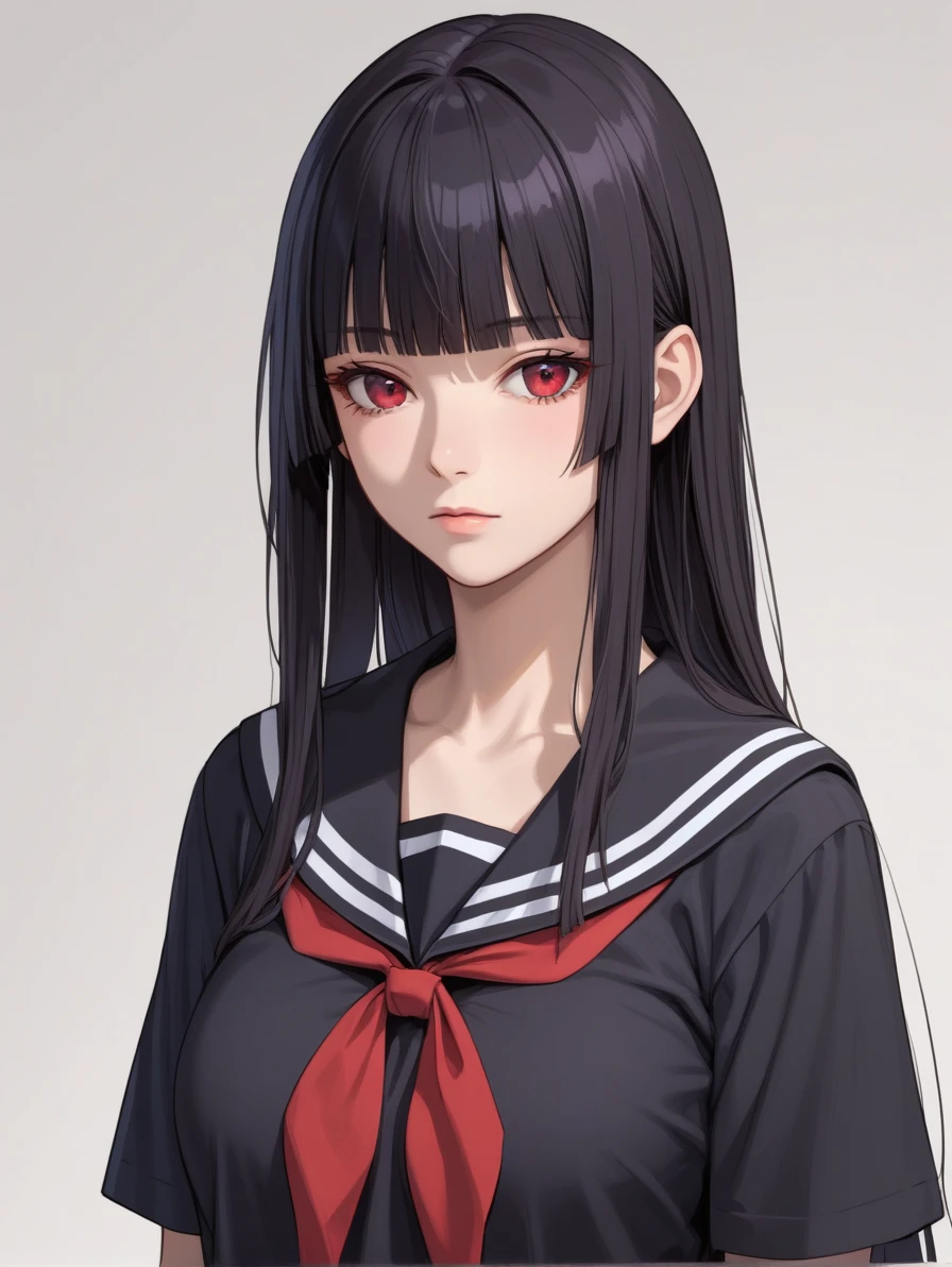 score_9, score_7_up, source_anime, BREAK solo, 1girl, very long hair, black hair, red eyes, expressionless, pale skin, hime cut, blunt bangs, black serafuku, red neckerchief,