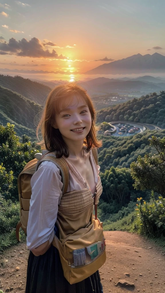 (Highest quality、Masterpiece、Best Quality、 Kampala)、One Woman、Alone、whole body、Smiling Kindly、(flat chest、small breast、slim body)、(登Mountain:1.5)、(Large backpack:1.5)、( sunrise:1.5)、(Spectacular views:1.5)、Mountain、登Mountain客、登Mountain道、険しいMountain道