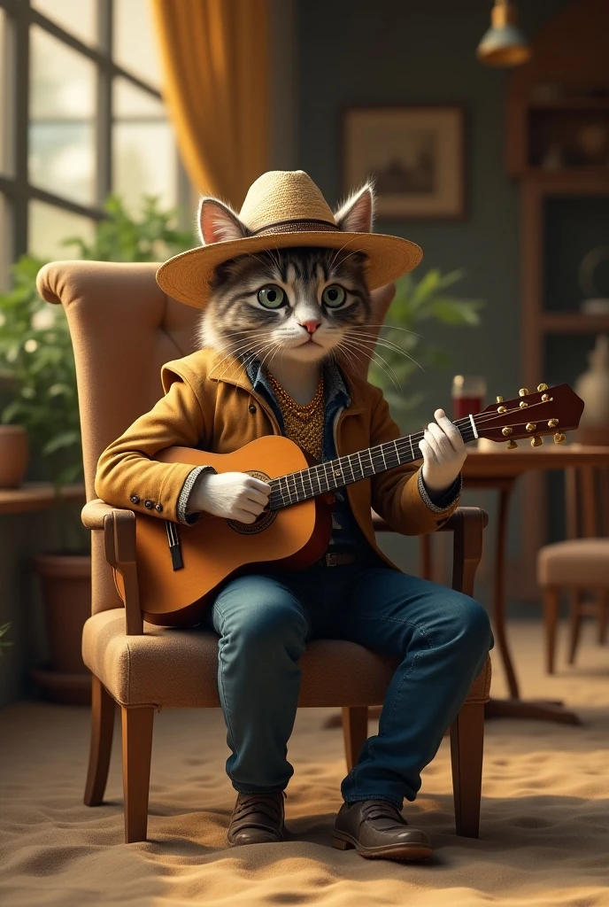 【A cat wearing a straw hat is sitting on a chair in a cafe and playing the guitar. He wears a gold chain around his neck】, masterful photorealistic rendering, natural lighting, soft shadows, 4K resolution, highly detailed fur texture, natural pose, Canon EOS R5, f/2.8, golden hour lighting, detailed sand texture, rule of thirds composition